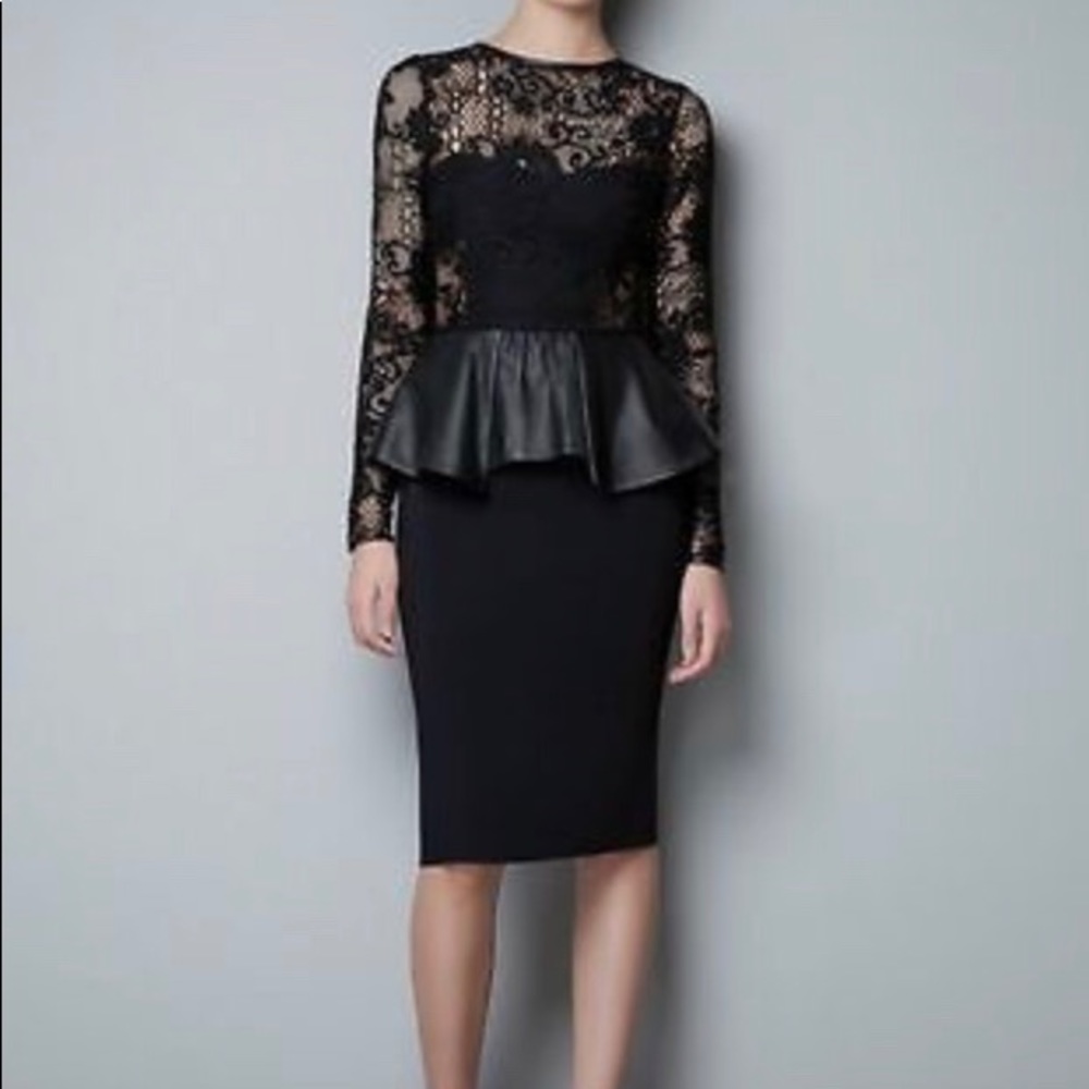 Zara Studio Lace Dress with Leather Peplum